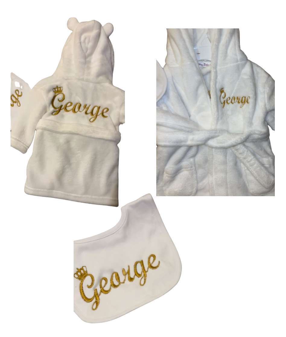 Personalised Gown(white) With Matching Bib- Embroidered